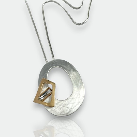 Necklace, Two Tone, Interlocking Oval/Square, Crystal, Snake Chain 24"-26" - Picture 5 of 6